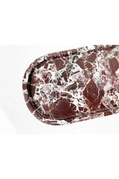Modestmar Doğal Vişne Mermer Oval Tepsi, Banyo Düzenleyici, Sunum Tabağı Siyah Mermer Rosso Tabak - 3