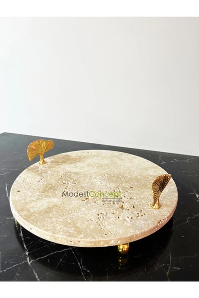 Modestmar Doğal Traverten mermer 28 cm Gold Ayaklı Gingko Detaylı Sunumluk, Traverten Tepsi - 3