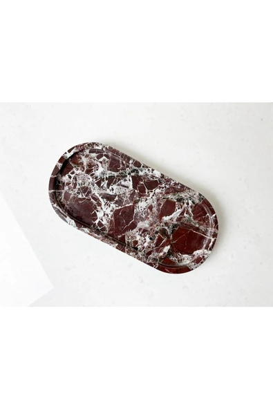 Modestmar Doğal Vişne Mermer Oval Tepsi, Banyo Düzenleyici, Sunum Tabağı Siyah Mermer Rosso Tabak - 2