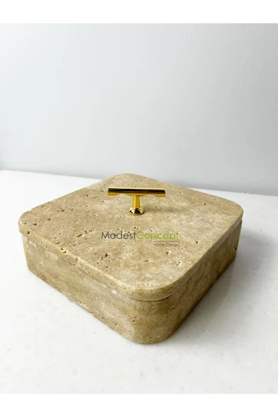 Modestmar Traverten Mermer Kare Kase, Traverten takı kutusu, Düzenleyici Gold T kulp - 2