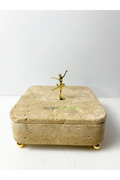 Modestmar Traverten Mermer Dekoratif Kase Top ayaklı balerin objeli traverten kutu - 2
