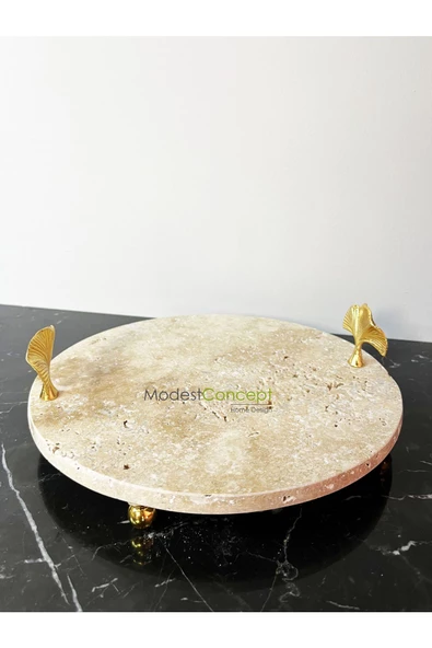 Modestmar Doğal Traverten mermer 28 cm Gold Ayaklı Gingko Detaylı Sunumluk, Traverten Tepsi - 6