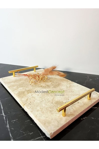 Modestmar Traverten Mermer Tepsi, Sunum Tepsisi Gold, Nişan Tepsisi 20x30