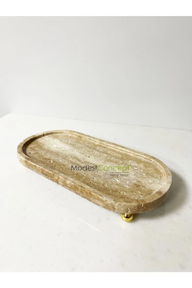 Modestmar Doğal Traverten Mermer Tepsi Oval, Banyo Düzenleyici, Oval Sunum Tabağı Top Ayaklı VC - 3