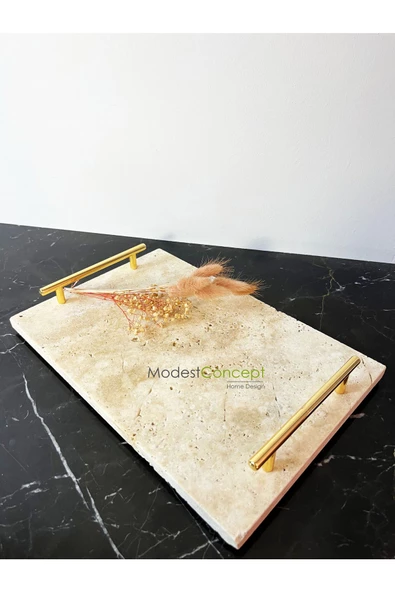 Modestmar Traverten Mermer Tepsi, Sunum Tepsisi Gold, Nişan Tepsisi 20x30 - 2