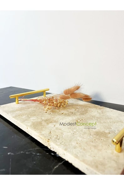 Modestmar Traverten Mermer Tepsi, Sunum Tepsisi Gold, Nişan Tepsisi 20x30 - 3