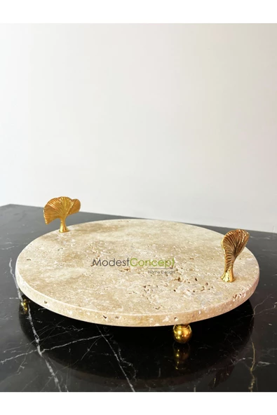 Modestmar Doğal Traverten mermer 28 cm Gold Ayaklı Gingko Detaylı Sunumluk, Traverten Tepsi - 4