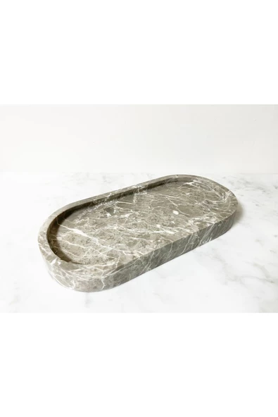 Modestmar Doğal Gri Mermer Oval Tepsi, Banyo Düzenleyici, Sunum Tabağı - 5