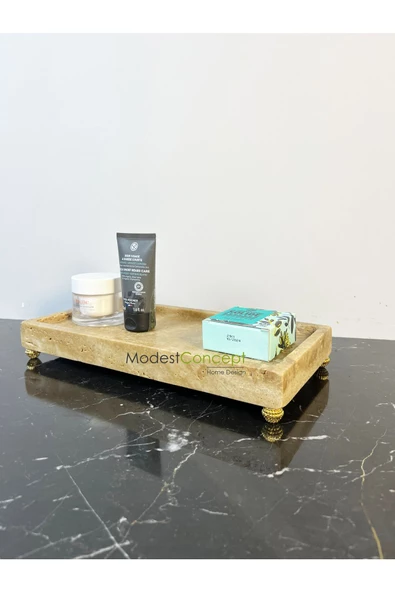 Modestmar Doğal Traverten Mermer Tepsi, Banyo Düzenleyici, Sunum Tabağı, Organizer 15x30cm Böğürtlen Ayaklı - 5