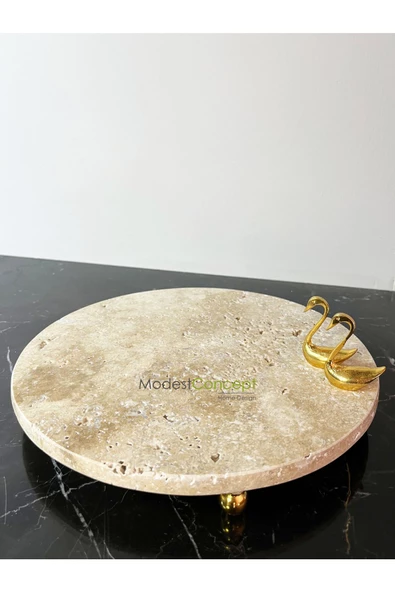 Modestmar Doğal Traverten mermer 28 cm Sunumluk, Traverten Tepsi Gold Kuğu Objeli - 4