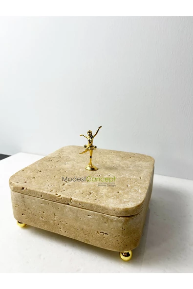 Modestmar Traverten Mermer Dekoratif Kase Top ayaklı balerin objeli traverten kutu - 3