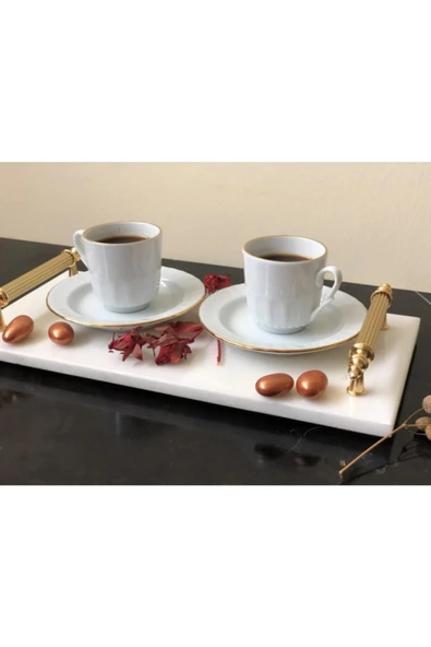 Modestmar Doğal Mermer Sunum Tepsisi Sarı Kulp Calacatta Mermer