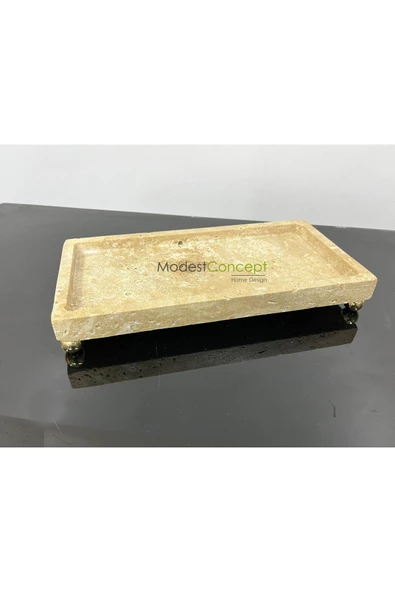 Modestmar Doğal Traverten Mermer Tepsi, Banyo Düzenleyici, Sunum Tabağı, Organizer 15x30cm Top Ayaklı - 5