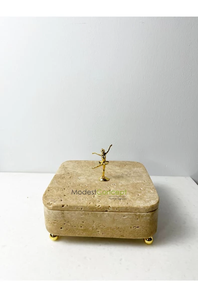 Modestmar Traverten Mermer Dekoratif Kase Top ayaklı balerin objeli traverten kutu - 4
