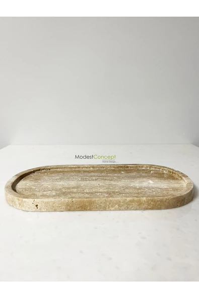 Modestmar Doğal Traverten Mermer Tepsi Oval, Banyo Düzenleyici, Oval Sunum Tabağı  VC - 3