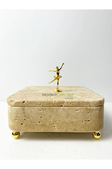 Modestmar Traverten Mermer Dekoratif Kase Top ayaklı balerin objeli traverten kutu - 5