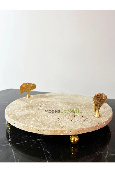 Modestmar Doğal Traverten mermer 28 cm Gold Ayaklı Gingko Detaylı Sunumluk, Traverten Tepsi
