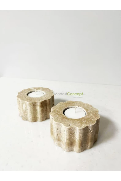 Modestmar Doğal Traverten Mumluk, Mermer Mumluk, Mermer Tealight, Mumluk 2 Adet, Yuvarlak Mermer Şamdan - 4
