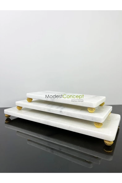 Modestmar Doğal Beyaz Mermer 3'lü Sunum Seti Gold Böğürtlen Ayak - Resim 3