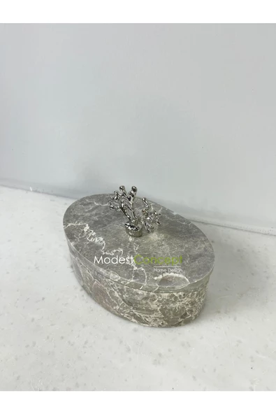 Modestmar Doğal Gri Mermer Kase, Mermer Takı kutusu,Mermer Organizer, Dekoratif Kase, Oval Kase Gümüş Mercan - 2