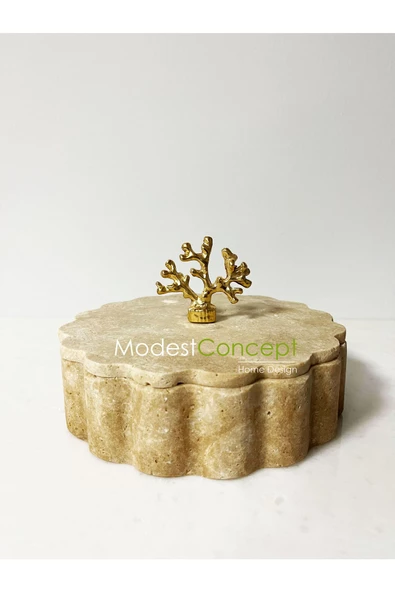 Modestmar Traverten Kase Kenar Detaylı Kapaklı 20cm, Traverten Kase, Gold Mercan Aksesuarlı Kase - 4