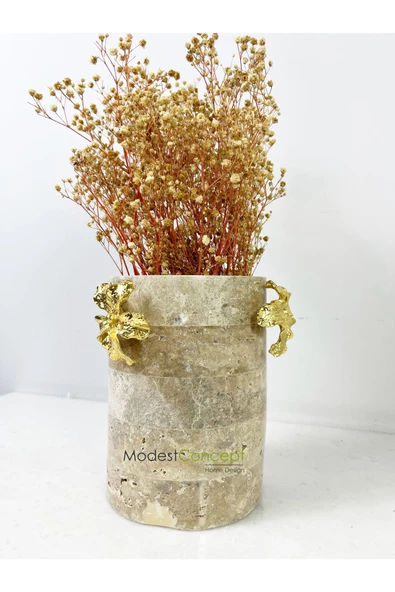 Modestmar Traverten Saksı, Traverten Vazo Gold Çiçek Detaylı - 3