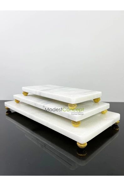 Modestmar Doğal Beyaz Mermer 3'lü Sunum Seti Gold Böğürtlen Ayak ürün görseli
