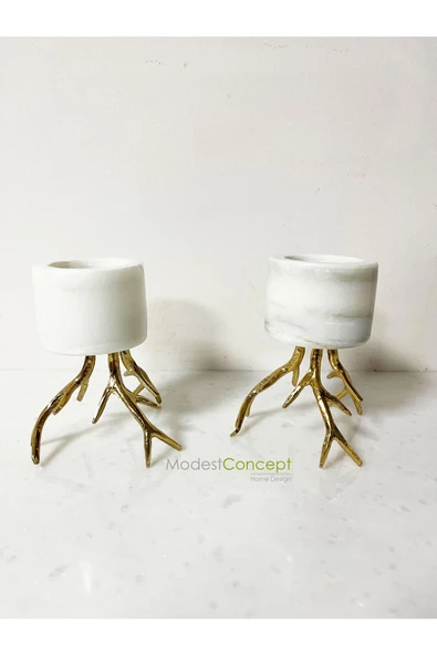 Modestmar Doğal Beyaz Mermer Mumluk, Ayaklı Mumluk, Mermer TeaLight, Gold Ayaklı Mumluk 2 Adet - 5