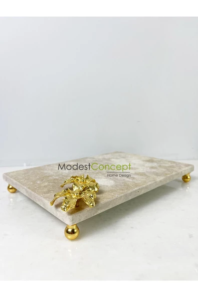 Modestmar Traverten Mermer Sunum Tepsisi 20x30 Gold Çiçek Detaylı Gold Top Ayaklı