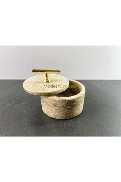 Modestmar Doğal Traverten Mermer Kase, Gold Aksesuarlı Kapaklı Mermer Kase, Dekoratif Kase, Takılık - 4
