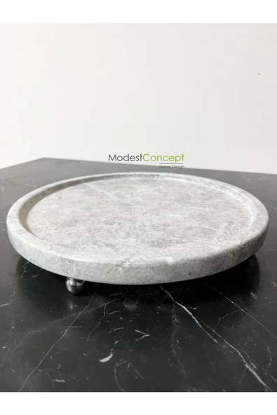 Modestmar Doğal Gri Mermer Yuvarlak Tepsi, Gri Mermer Tepsi 28cm, Gri Mermer Tabak Gümüş Top Ayaklı ürün görseli