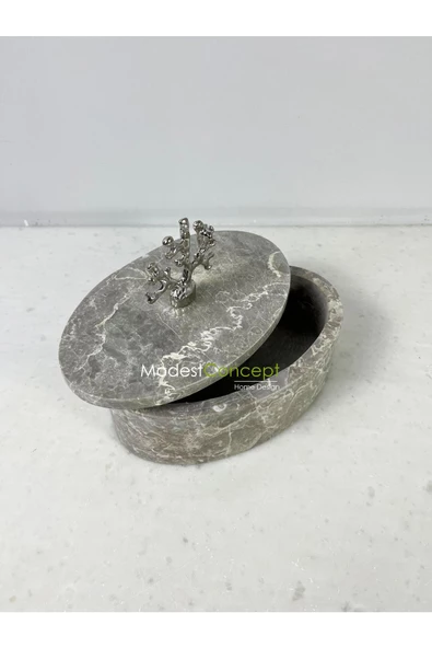 Modestmar Doğal Gri Mermer Kase, Mermer Takı kutusu,Mermer Organizer, Dekoratif Kase, Oval Kase Gümüş Mercan - 6