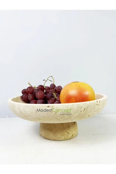 Modestmar Ivory Traverten Ayaklı Kase, Traverten Dekoratif Ayaklı Kase, Traverten Tabak 26cm - Resim 5