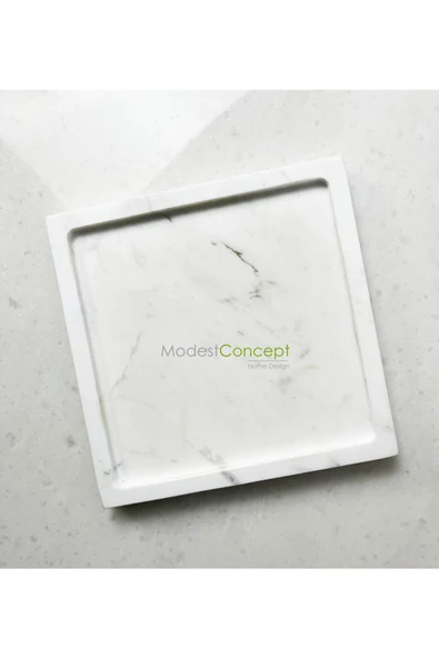 Modestmar Doğal Beyaz Mermer Kare Tepsi , Sunum Tabağı, Düzenleyici Volakas White - Resim 3