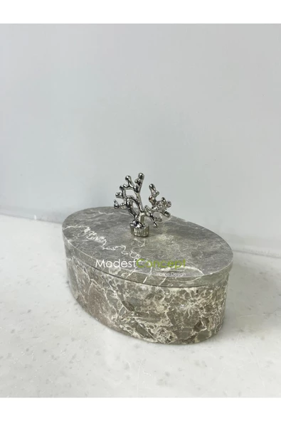 Modestmar Doğal Gri Mermer Kase, Mermer Takı kutusu,Mermer Organizer, Dekoratif Kase, Oval Kase Gümüş Mercan