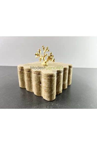 Modestmar Doğal Traverten Mermer Kase, Mermer Takı Kutusu, Mermer Düzenleyici Gold Mercan, Kenar Detaylı - 2