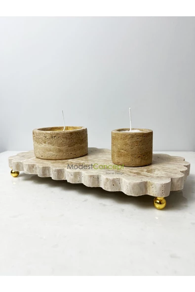 Modestmar Doğal Traverten Mermer Gold Ayaklı Sunumluk, Dekoratif Sunum Kenar Detaylı, Supla - Resim 6