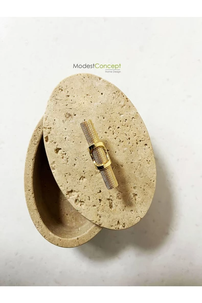 Modestmar Doğal Traverten Mermer Kase, Mermer Takı kutusu,Mermer Organizer, Dekoratif Kase, Oval Kase Kulplu - 3