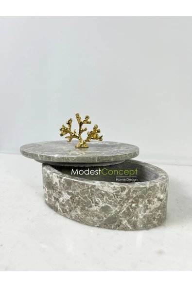 Modestmar Doğal Gri Mermer Kase, Mermer Takı Kutusu,mermer Organizer, Dekoratif Kase, Oval Kase Gold Mercan - Resim 3