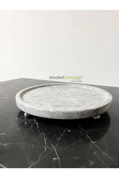 Modestmar Doğal Gri Mermer Yuvarlak Tepsi, Gri Mermer Tepsi 28cm, Gri Mermer Tabak Gümüş Top Ayaklı - Resim 4