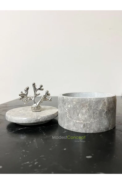 Modestmar Doğal Gri Mermer Kase, Dekoratif Kase, Mermer Kase Gümüş Detaylı, Kapaklı Kase - 3
