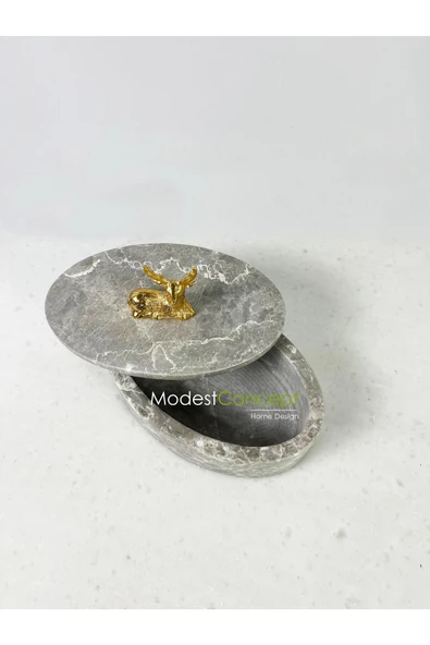 Modestmar Doğal Gri Mermer Kase, Mermer Takı Kutusu,mermer Organizer, Dekoratif Kase, Oval Kase Gold Geyik - 4