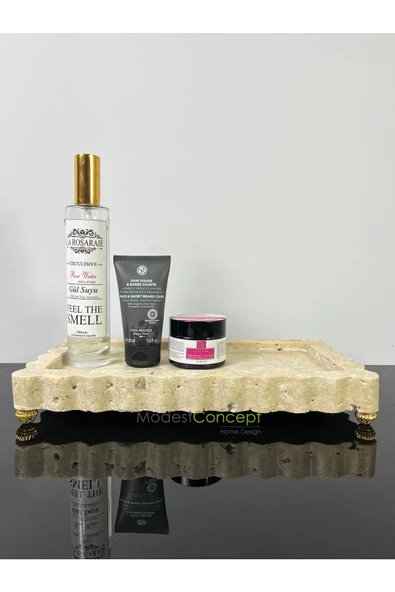 Modestmar Doğal Traverten Kenar Detaylı Sunum Gold Böğürtlen Top Ayaklı - Resim 5