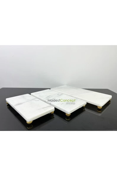 Modestmar Doğal Beyaz Mermer 3'lü Sunum Seti Gold Böğürtlen Ayak - Resim 4