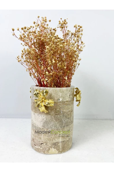 Modestmar Traverten Saksı, Traverten Vazo Gold Çiçek Detaylı - 6
