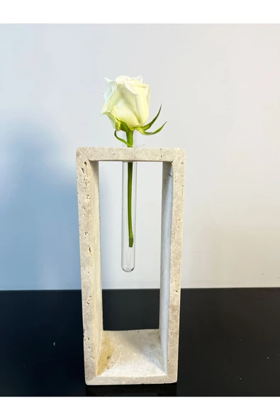 Modestmar Traverten Mermer Tüplü Çiçeklik, Dekoratif Mermer çiçeklik dikey  25cm - 4