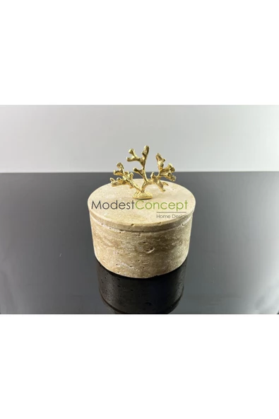 Modestmar Doğal Traverten Mermer Kase, Gold Mercan Aksesuarlı Kapaklı Mermer Kase, Dekoratif Kase, Takı Kutusu - 2