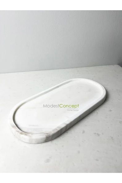 Modestmar Doğal Beyaz Mermer Oval Tepsi , Sunum Tabağı, Düzenleyici Volakas White - Resim 5