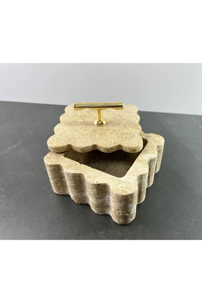 Modestmar Doğal Traverten Mermer Kase, Mermer Takı Kutusu, Mermer Düzenleyici Gold Mercan, Kenar Detaylı