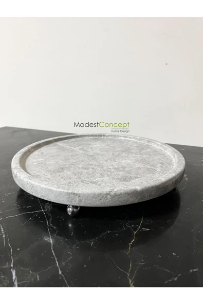 Modestmar Doğal Gri Mermer Yuvarlak Tepsi, Gri Mermer Tepsi 28cm, Gri Mermer Tabak Gümüş Top Ayaklı - Resim 5